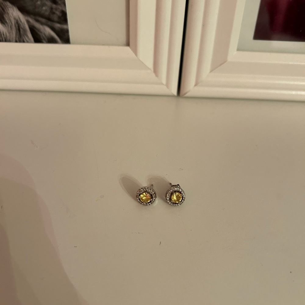 14K White Gold Plated Halo Yellow Diamond Simulated Studs